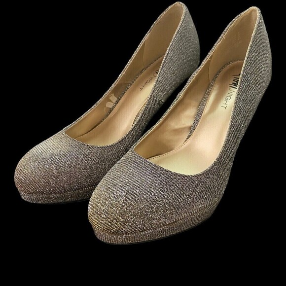 Fioni Night Prom Shoes Adult Size 8 B Gold Stardust Platform Pumps Womens - Picture 2 of 6